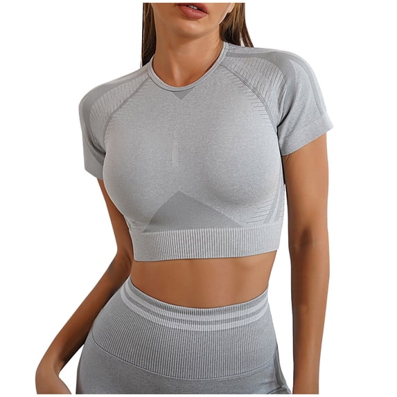 Mittory Women Seamless Yoga Tops Workout Short Sleeve Crop Top with High Waisted Running Activewear
