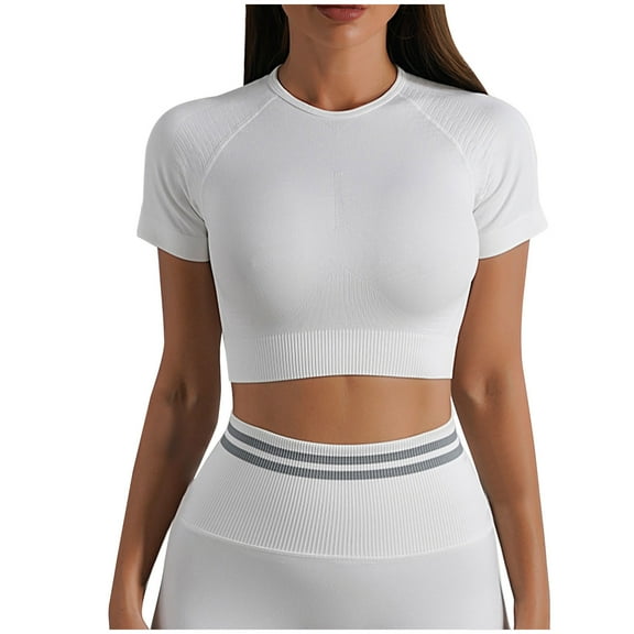 Mittory Women Seamless Yoga Tops Workout Short Sleeve Crop Top with High Waisted Running Activewear