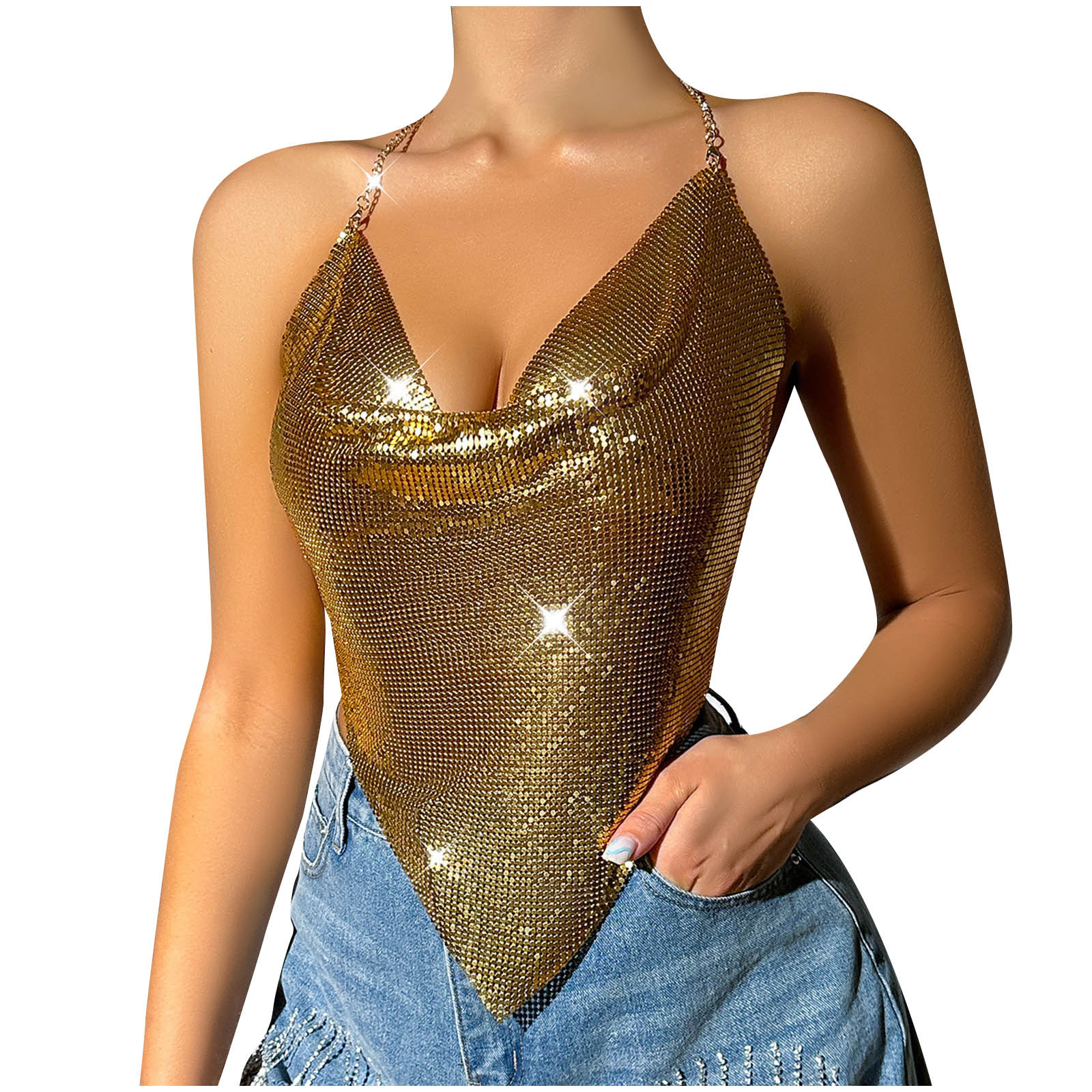 Vrouwen Glitter Pailletten Tank Top - Backless Shimmer Top Korte Mouwen