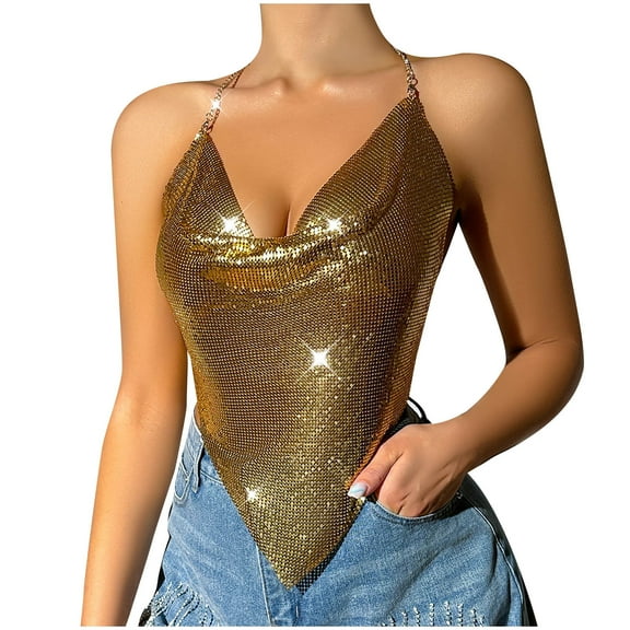 Mittory Women Sequin Crop Tank Tops Sexy Deep V Backless Halter Body Chain Cami Tops Shiny Camisole for Party Night Club
