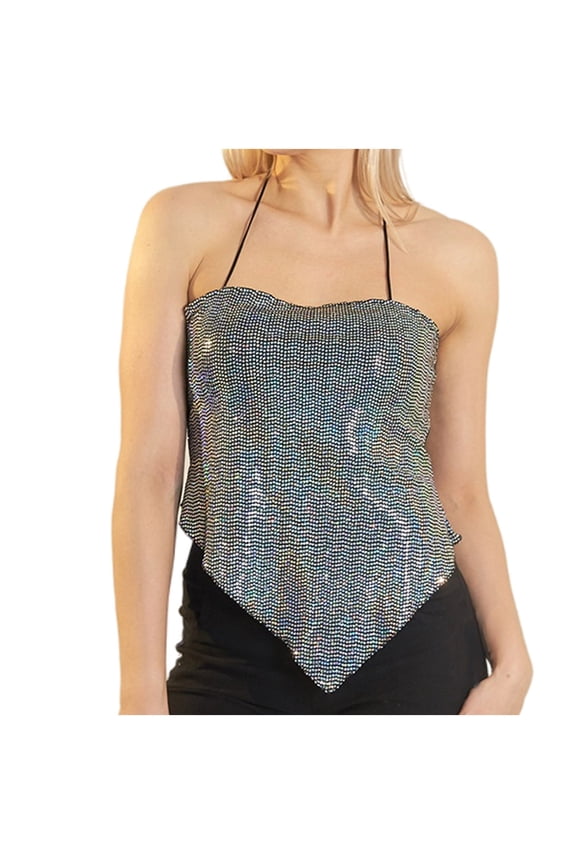 Women Sequin Crop Tank Tops Sexy Deep V Backless Halter Body Chain Cami Tops Shiny for Party Night Club