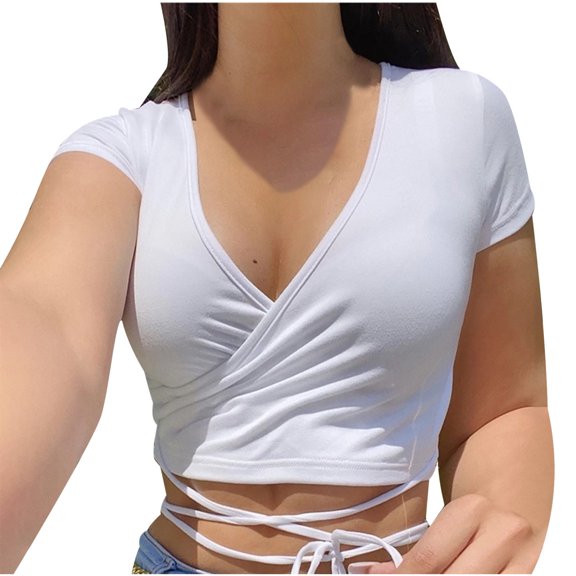 Mittory Women Sexy Deep V Neck Crop Top Slim Fitted Bandage Wrap Tie Side Short Sleeve Cropped Shirts Clubwear