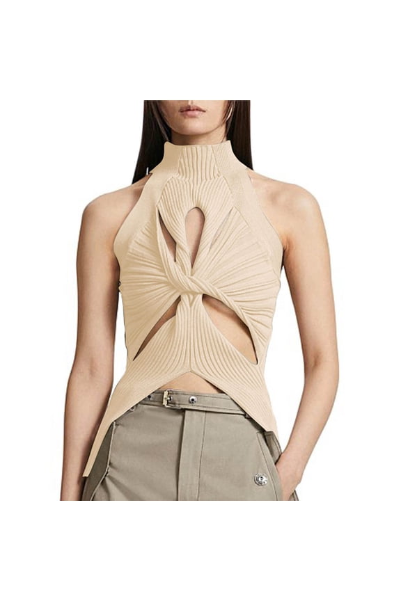 Women Sexy Hollow Out Twist Front Knitted Tank Tops Sleeveless High Neck Cut Out Sweater Vest