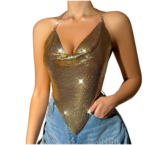 Mittory Women Sexy Shiny Rhinestone Tank Top Deep V Neck Crop Top Shirt for Night Club Party