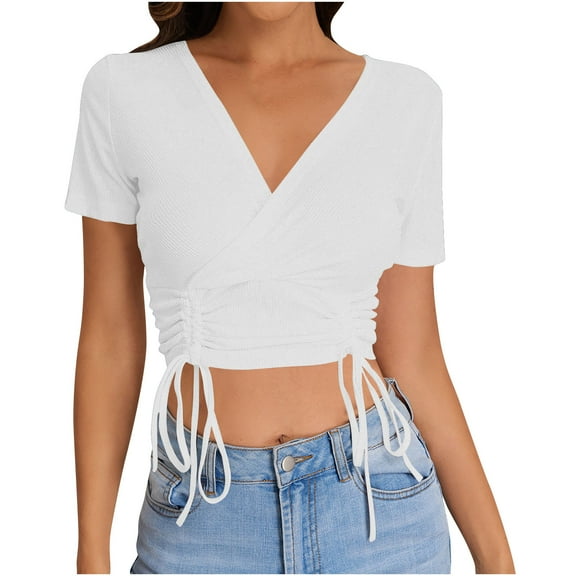 Mittory Women Sexy V Neck Short Sleeve Shirts Ruched Drawstring Ribbed Knit Crop Top T-Shirt