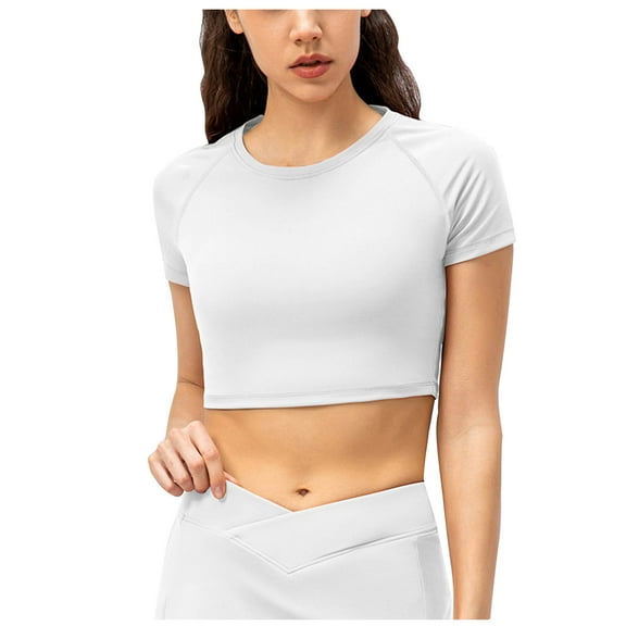 Mittory Women Short Sleeve Crop Top Crew Neck Summer Basic Tee Shirts Slim Fit Tight Going Out Tops Outfits