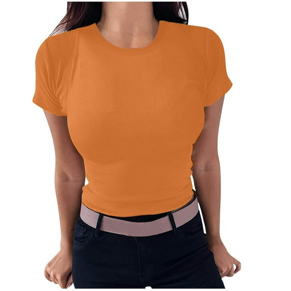 Mittory Women Short Sleeve Rib Knit Slim Fitted Shirts Summer Basic Tee Tshirt Tops Underwear Outfits