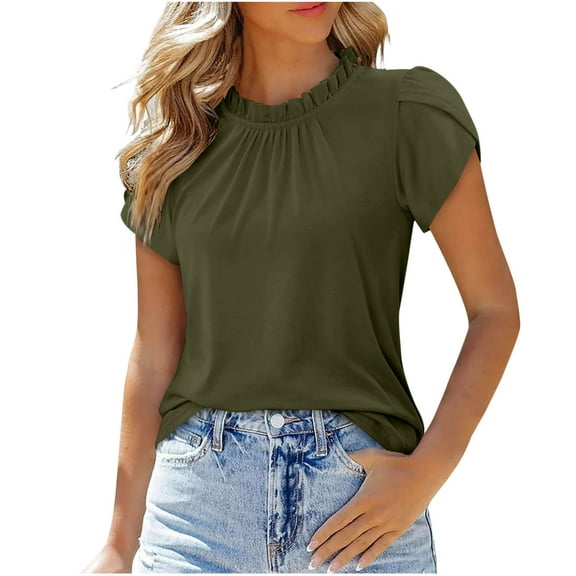 Mittory Women Short Sleeve Shirts Trendy Summer Tops Dressy Casual Blouse Petal Sleeve Tunic Tee Top Clothes