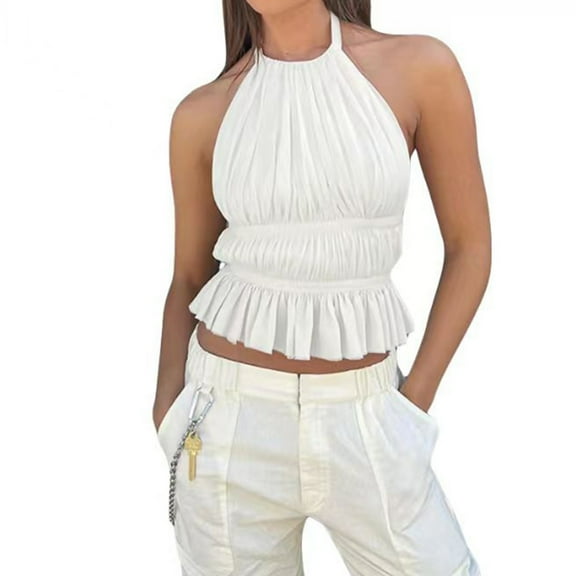 Mittory Women Sleeveless Patchwork Tied Halter Neck Ruffle Pleated Hem Tank Tops Backless Vest Tops