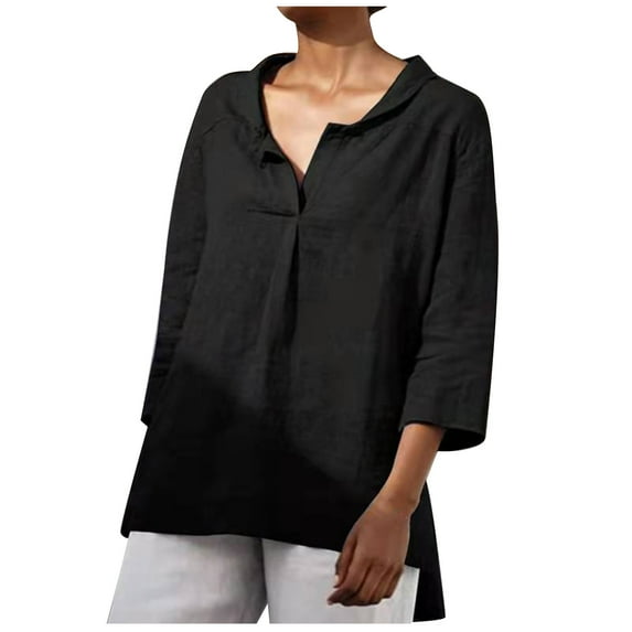 Mittory Women Summer 3/4 Sleeve Cotton Linen Blouse Top Button Collared Henley Shirt Basic Plain T-Shirts Loose Fit Tunic Tops