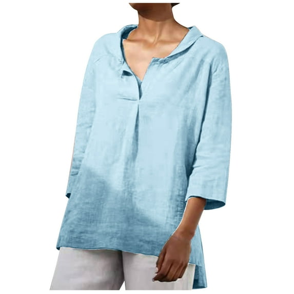 Mittory Women Summer 3/4 Sleeve Cotton Linen Blouse Top Button Collared Henley Shirt Basic Plain T-Shirts Loose Fit Tunic Tops