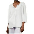 thumbnail image 1 of Mittory Women Summer 3/4 Sleeve Cotton Linen Blouse Top Button Collared Henley Shirt Basic Plain T-Shirts Loose Fit Tunic Tops, 1 of 5