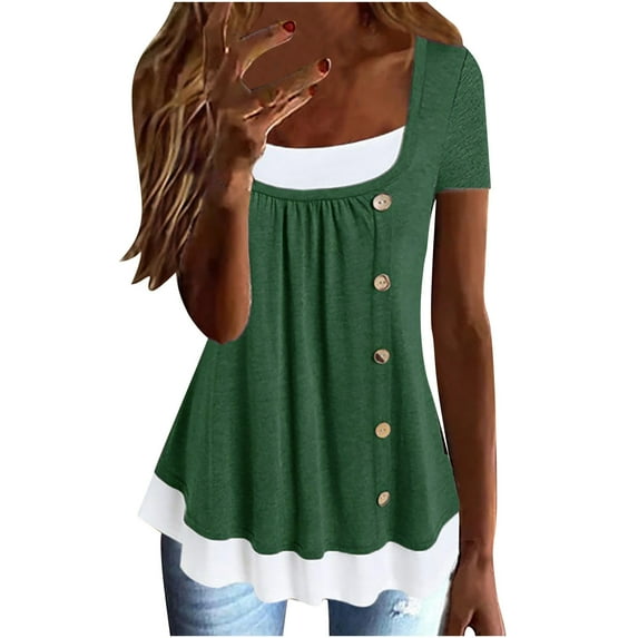 Mittory Women Summer Casual T Shirts Square Neck Patchwork Button Down Blouse Pleated Loose Tops