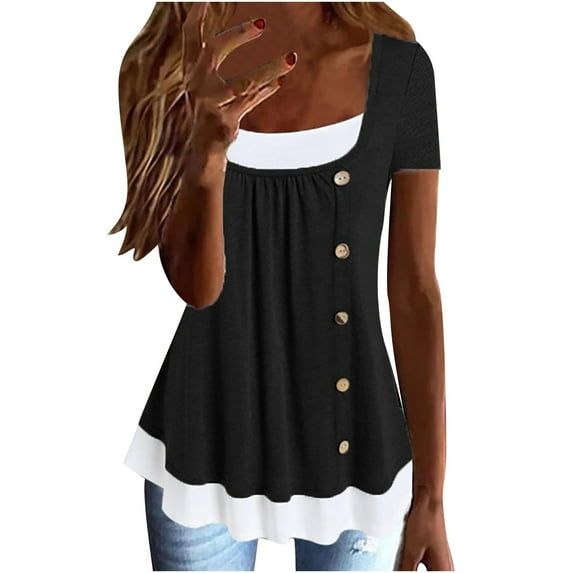 Mittory Women Summer Casual T Shirts Square Neck Patchwork Button Down Blouse Pleated Loose Tops