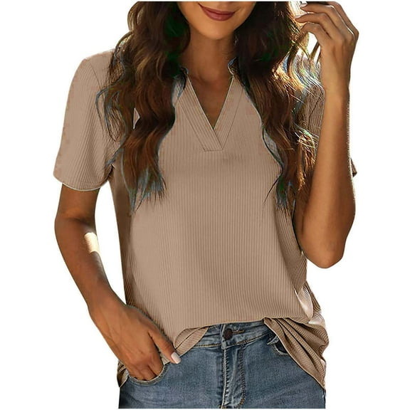 Mittory Women Summer Casual V Neckline Chiffon Blouses Loose Tunic Short Sleeve Tops