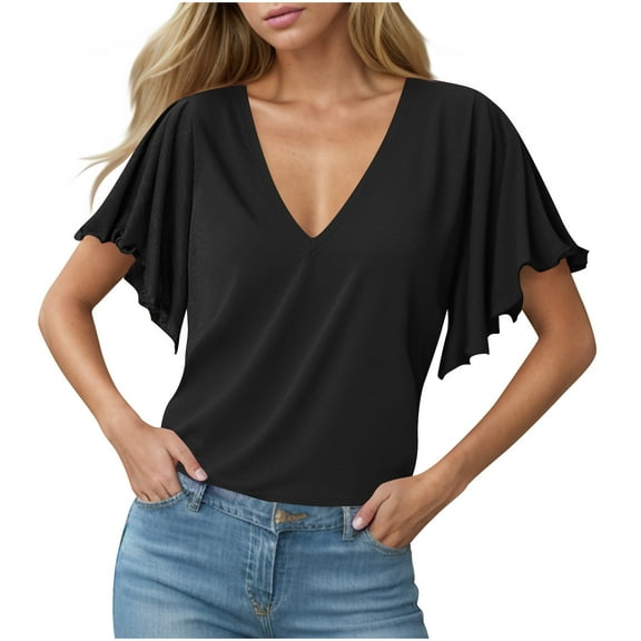 Mittory Women Summer Ruffle Short Sleeve Tops V Neck Work Business Shirts Blouses