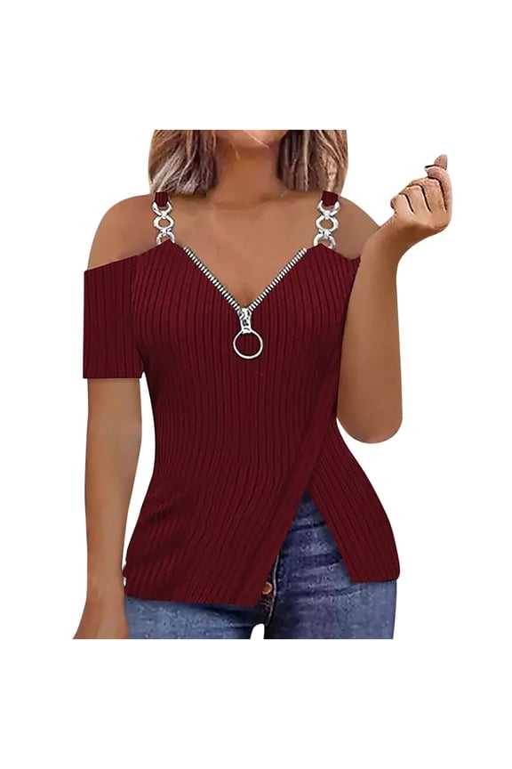 Women Summer Sexy Tshirt Tops Ladies Casual Loose Fit Strapless Tunic Blouses Short Sleeve Zipper Tees