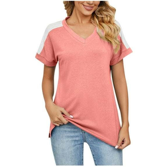Mittory Women Summer Short Sleeve V Neck Shirts Side Split Tunics Loose Fit Tops Basic Tees