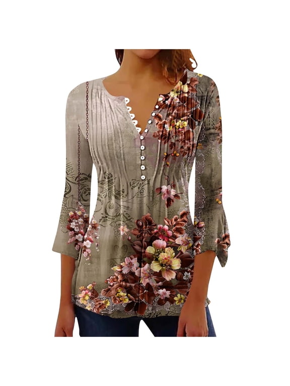 Women Summer T Shirt Button Down V Neck Floral Print Tops Short Sleeve Casual Loose Dressy Tunic Blouses
