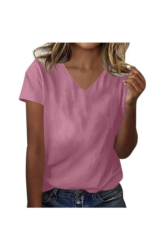 Women Summer Tops Cotton V Neck Short Sleeve T Shirts for Women Plain T-Shirt Basic Tees