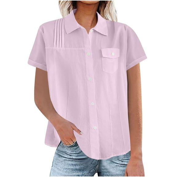 Mittory Women Summer Tops Dressy Short Sleeve Button Down Shirt Trendy Collared Business Casual Work Blouse with Pocket