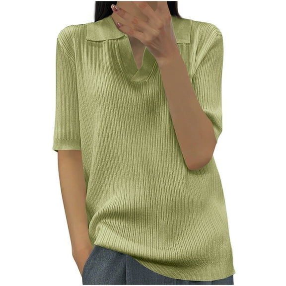 Mittory Women Summer Tops Fashion Tshirts Short Sleeve Shirts Clothes Textured V Neck Casual Blouses