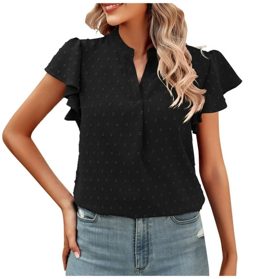 Mittory Women Summer V Neck Ruffle Short Sleeve Blouse Polka Dots Flowy Shirt Tunic Top