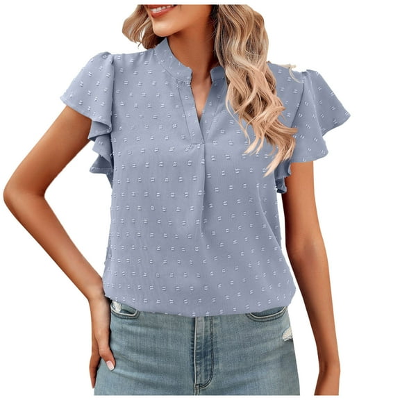 Mittory Women Summer V Neck Ruffle Short Sleeve Blouse Polka Dots Flowy Shirt Tunic Top