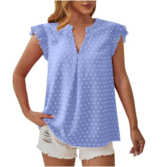 Mittory Women Summer V Neck Ruffle Short Sleeve Blouse Polka Dots Flowy Shirt Tunic Top