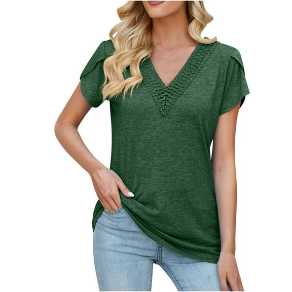 Mittory Women Tops Summer Lace Shirts V Neck Tunics Petal Short Sleeve Loose Shirt Sexy Cute Tee Blouses Clothes