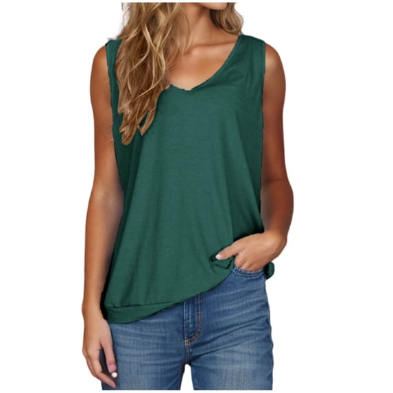 Mittory Women V Neck Curved Hem Tank Tops Summer Casual Sleeveless Loose Fit Tunic Tops