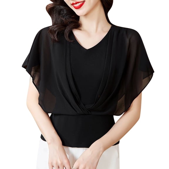 Mittory Women V-Neck Summer Lace Crochet Short Sleeve Chiffon Blouses Lightweight Cute Office Work T Shirts Tops