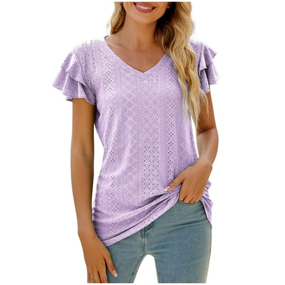 Mittory Women V-Neck T Shirt Eyelet Ruffle Short Sleeve Hollow Shirt Loose Casual Top Blouse