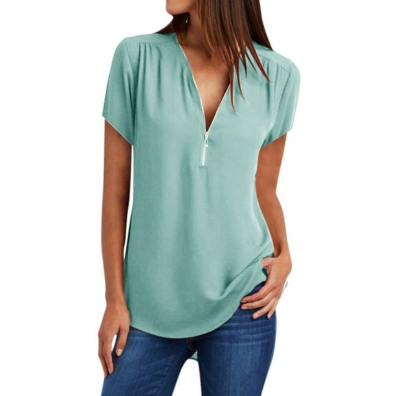 Mittory Women V-Neck Zipper Chiffon Shirt Roll-Up Sleeve Casual Loose Top Long Sleeve Cuffed Pleated Zip Up Blouse
