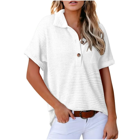 Mittory Women Waffle Knit Tunic Henley Shirts Solid Color Short Sleeve Dressy Blouses Tops