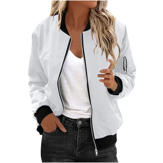 Mittory Women Zip-Up Bomber Jacket, Stand Collar Long Sleeve Side Pocket Loose Casual Solid Outerwear Coat