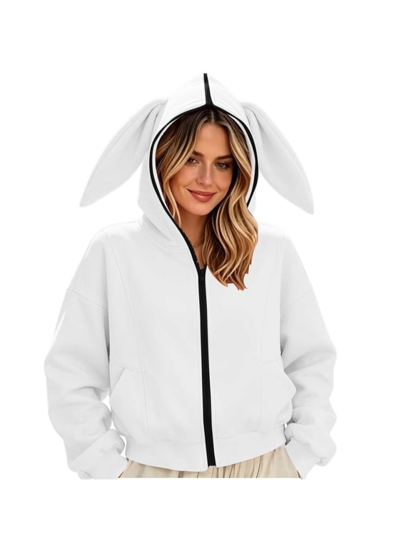 Women Zip Up Hooded Sweatshirt Jacket, Cute Bunny Ears Design Long Sleeve Pockets Loose Casual Hoodie Coat