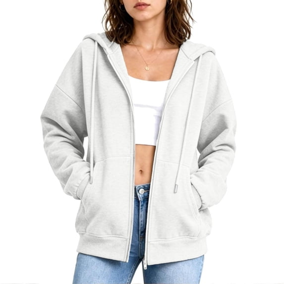 Mittory Women Zip Up Hoodie Jacket, Drawstring Hood Side Pockets Long Sleeve Loose Fit Solid Casual Sweatshirt Coat