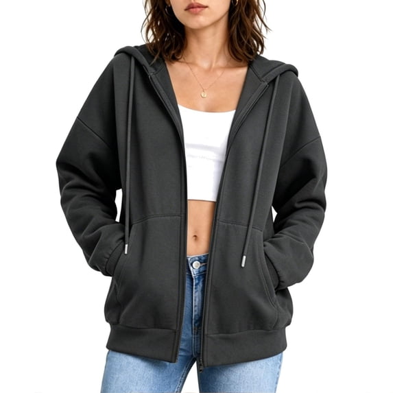 Mittory Women Zip Up Hoodie Jacket, Drawstring Hood Side Pockets Long Sleeve Loose Fit Solid Casual Sweatshirt Coat