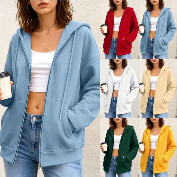 Mittory Women Zip Up Hoodie Jacket, Drawstring Hood Side Pockets Long Sleeve Loose Fit Solid Casual Sweatshirt Coat
