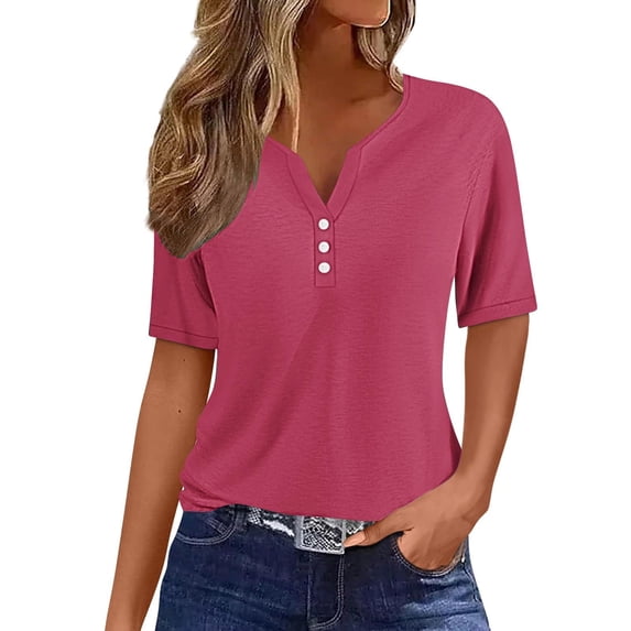 Mittory Women's 3/4 Length Sleeve T Shirts Button Down Scoop Neck Casual Tops Summer Shirts
