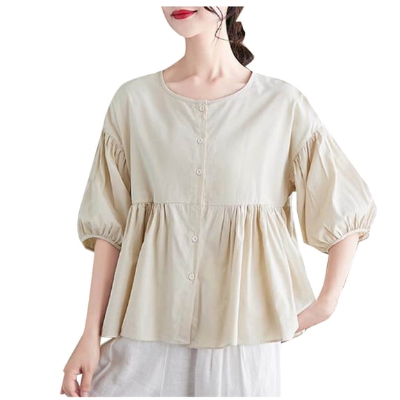 Mittory Women's 3/4 Sleeve Cotton Linen Babydoll Tops Loose Crew Neck Button Down Shirts Casual Pleated Summer Tunic Blouse
