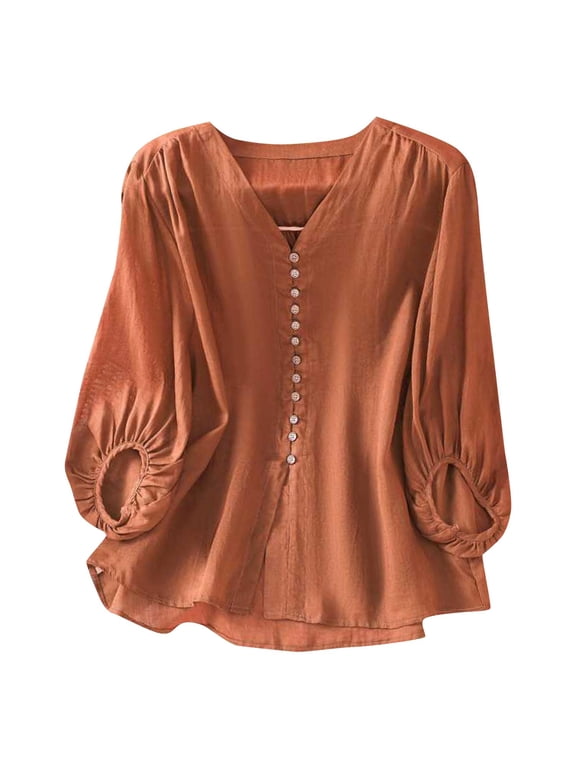 Women's 3/4 Sleeve Linen Tops Lace Embroidery Tunic Blouse Oversized Summer Fall Lightweight Loose Hem Tee Shirts