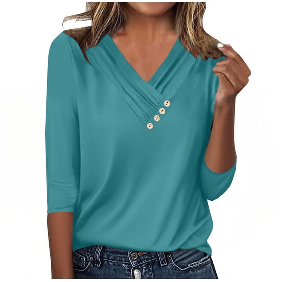 Mittory Women's 3/4 Sleeve V Neck Dressy Tunic Tops Loose Fit Pleated Tees Casual Blouses