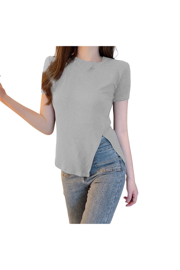 Women's Asymmetrical Split Hem T Shirt Short Sleeve Dressy Casual Tops Crewneck Ruched Side Tee Tops
