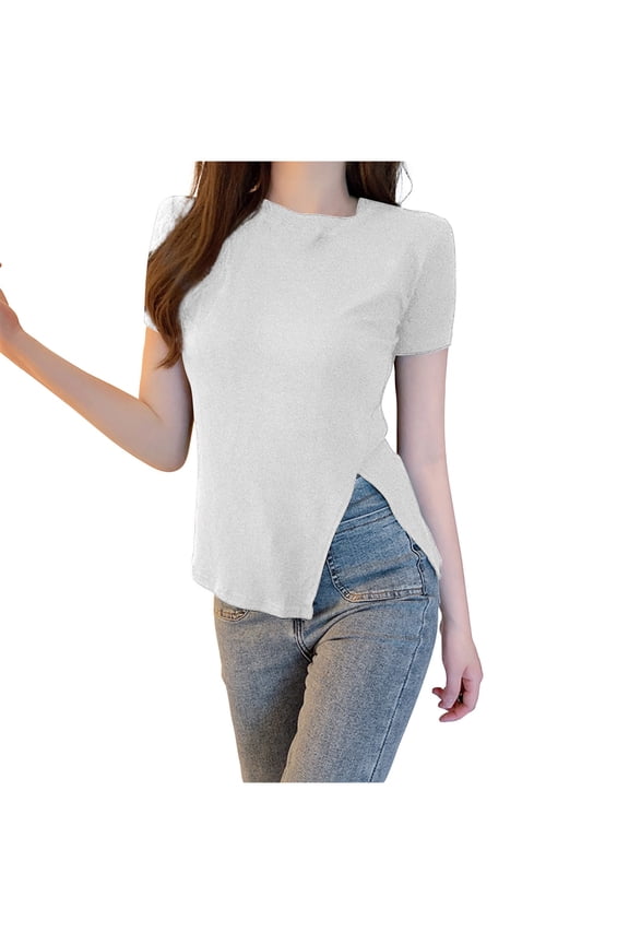 Women's Asymmetrical Split Hem T Shirt Short Sleeve Dressy Casual Tops Crewneck Ruched Side Tee Tops