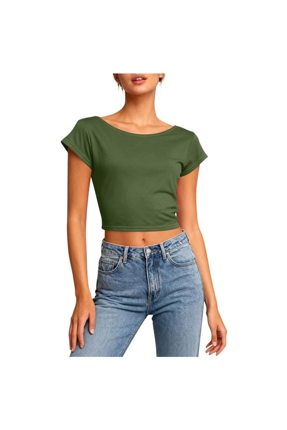 Women's Backless Oversized Tee, Open Back Short Sleeve Top with Asymmetrical Hem - Solid Casual Shirt