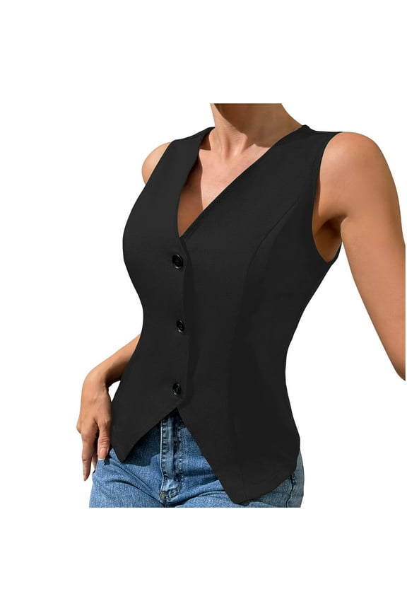 Women's Business Button Up V Neck Vest Casual Fully Lined Sleeveless Jacket Waistcoat with Pocket