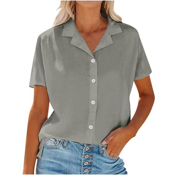 Mittory Women's Button Down Shirts Short Sleeve Casual Shirts Loose Collared V Neck Blouses