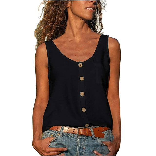 Mittory Women's Button Down Tank Tops Scoop Neck Sleeveless T Shirts Blouses Loose Fit with Pocket